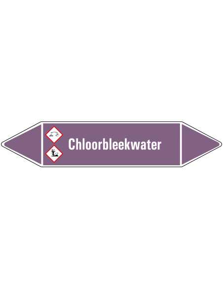 Chloorbleekwater leidingmarkering op rol, 25 meter, paars wit, tekst Chloorbleekwater met GHS pictogram