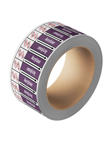 Acrylzuur leidingmarkering op rol, 25 meter, paars wit, tekst Acrylzuur met GHS pictogram