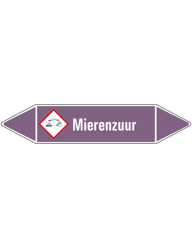 Mierenzuur leidingmarkering op rol, 25 meter, paars wit, tekst Mierenzuur met GHS pictogram