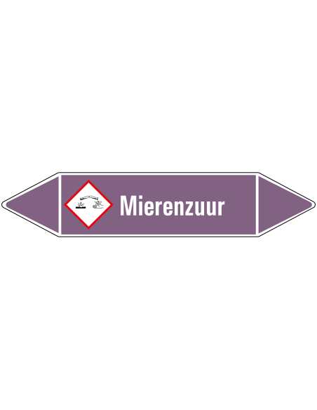 Mierenzuur leidingmarkering op rol, 25 meter, paars wit, tekst Mierenzuur met GHS pictogram