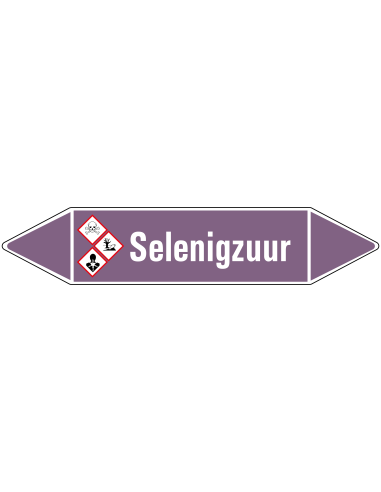 Seneligzuur leidingmarkering op rol, 25 meter, paars wit, tekst Seneligzuur met GHS pictogram