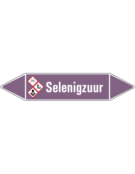 Seneligzuur leidingmarkering op rol, 25 meter, paars wit, tekst Seneligzuur met GHS pictogram