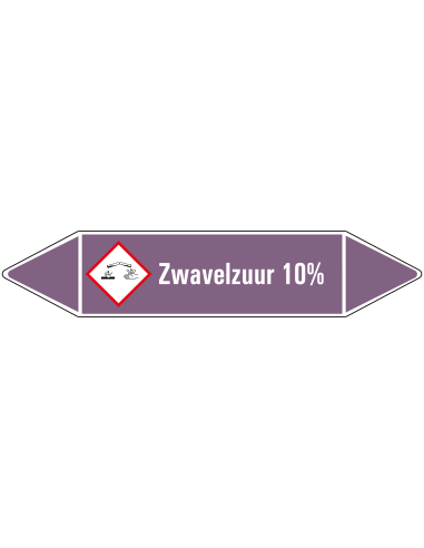 Zwavelvuur 10% leidingmarkering op rol, 25 meter, paars wit, tekst Zwavelvuur 10% met GHS pictogram