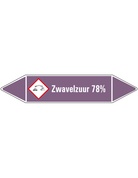 Zwavelzuur 78% leidingmarkering op rol, 25 meter, paars wit, tekst Zwavelzuur 78% met GHS pictogram