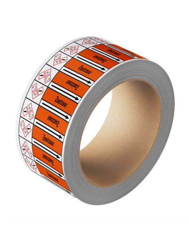 Zoutzuur leidingmarkering op rol, 25 meter, rechthoekig, tekst Zoutzuur met GHS pictogram