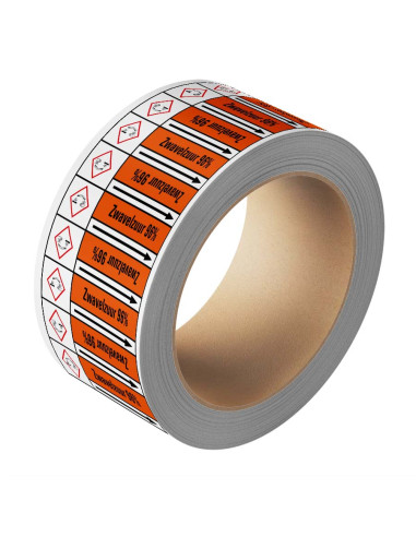 Zwavelzuur 96% leidingmarkering op rol, 25 meter, rechthoekig, tekst Zwavelzuur 96% met GHS pictogram