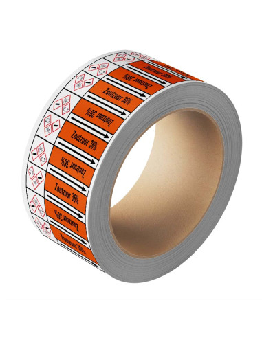 Zoutzuur 36% leidingmarkering op rol, 25 meter, rechthoekig, tekst Zoutzuur 36% met GHS pictogram