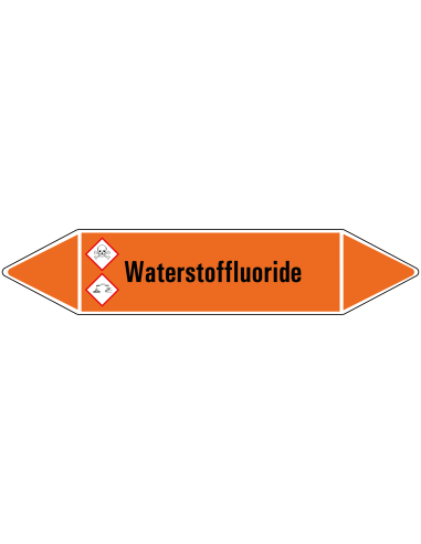 Waterstoffluoride leidingmarkering op rol, 25 meter, rechthoekig, tekst Waterstoffluoride  met GHS pictogram