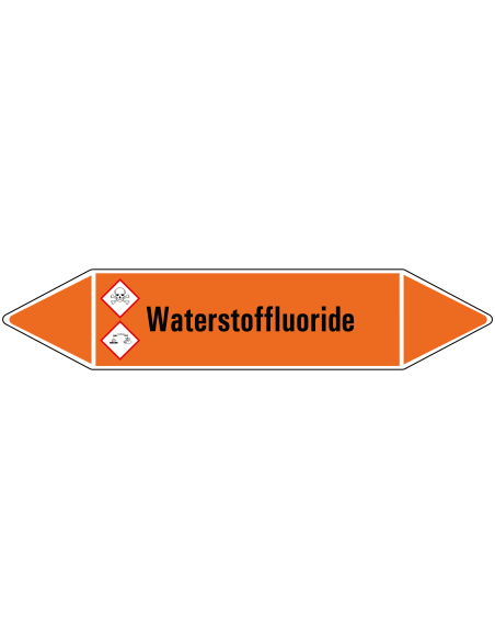 Waterstoffluoride leidingmarkering op rol, 25 meter, rechthoekig, tekst Waterstoffluoride  met GHS pictogram