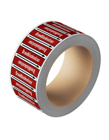 Brandbluskoolzuur leidingmarkering op rol, 25 meter, rechthoekig, tekst Brandbluskoolzuur