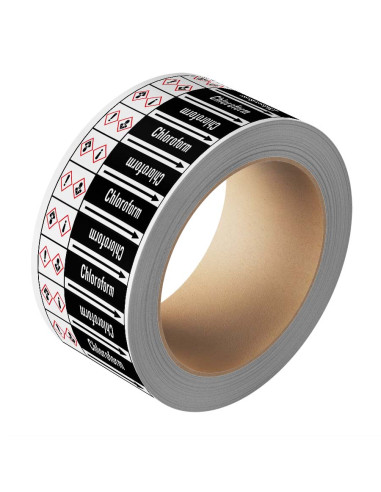 Chloroform leidingmarkering op rol, 25 meter, rechthoekig, tekst Chloroform met GHS pictogram