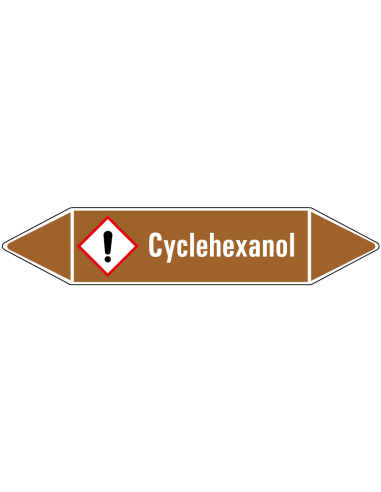 Cyclehexanol leidingmarkering op rol, 25 meter, bruin wit, tekst Cyclehexanol met GHS pictogram