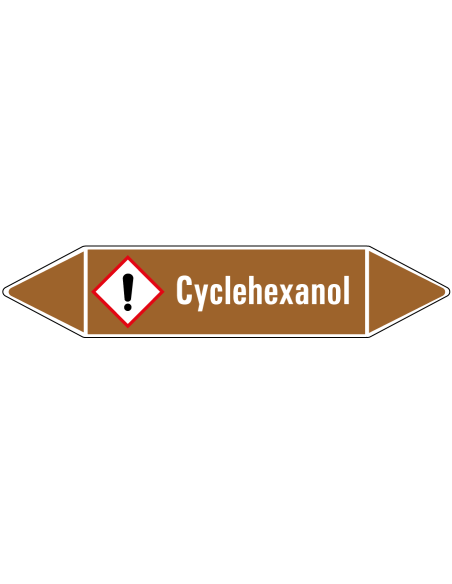 Cyclehexanol leidingmarkering op rol, 25 meter, bruin wit, tekst Cyclehexanol met GHS pictogram