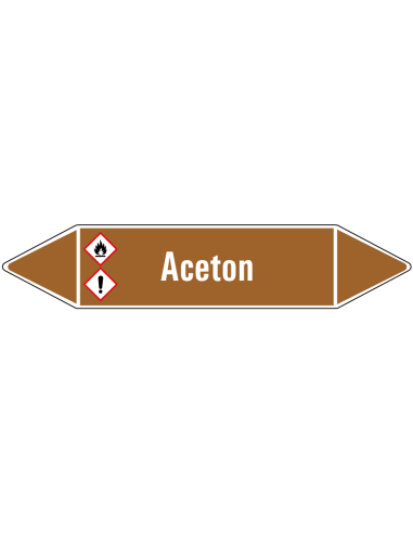 Aceton leidingmarkering op rol, 25 meter, bruin wit, tekst Aceton met GHS pictogram