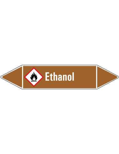 Ethanol leidingmarkering op rol, 25 meter, bruin wit, tekst Ethanol met GHS pictogram