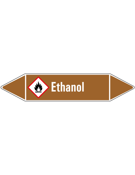 Ethanol leidingmarkering op rol, 25 meter, bruin wit, tekst Ethanol met GHS pictogram