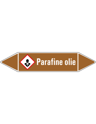 Parafine olie leidingmarkering op rol, 25 meter, bruin wit, tekst Parafine olie met GHS pictogram
