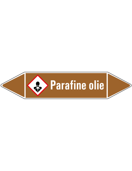 Parafine olie leidingmarkering op rol, 25 meter, bruin wit, tekst Parafine olie met GHS pictogram