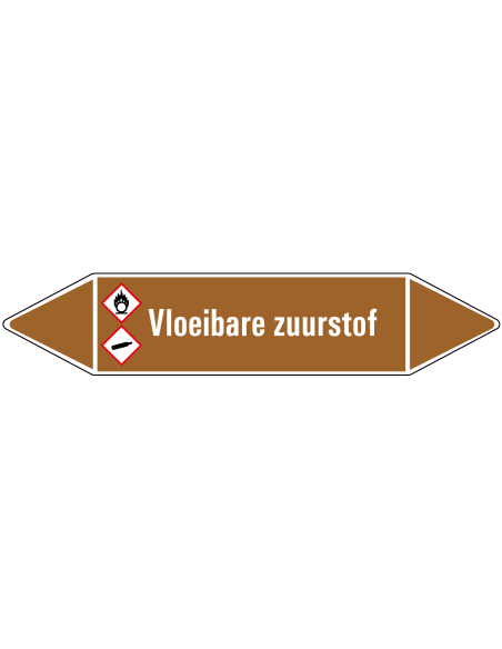 Vloeibare zuurstof leidingmarkering op rol, 25 meter, bruin wit, tekst Vloeibare zuurstof met GHS pictogram