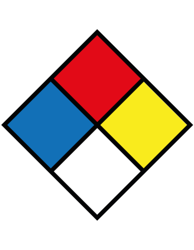 Gevaren diamant NFPA 704 sticker, blanco, rood blauw geel wit, vierkant
