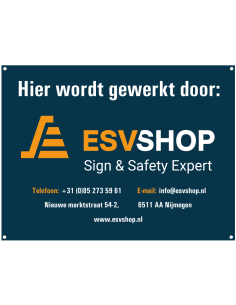 Bouwbord met bedrijfsnaam naar wens - dibond met boorgaten, hier wordt gewerkt door bord, rechthoek