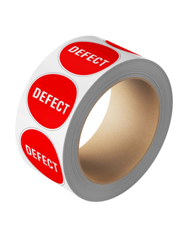 Defect sticker - 25 meter op rol, rood wit, rond, tekst defect op rode achtergrond