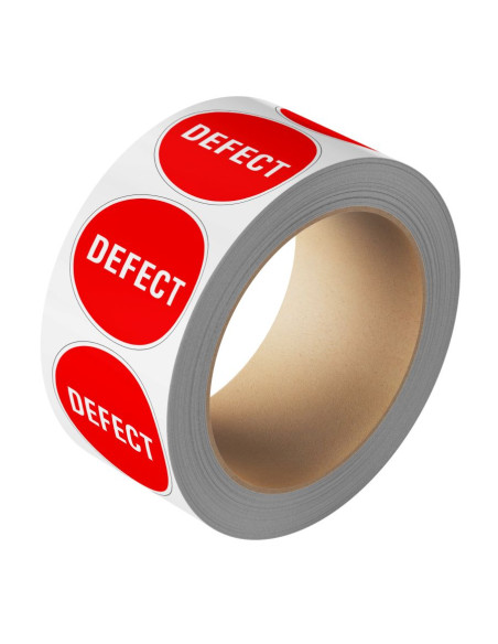 Defect sticker - 25 meter op rol, rood wit, rond, tekst defect op rode achtergrond