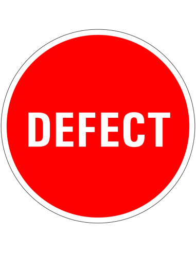 Defect sticker - 25 meter op rol, rood wit, rond, tekst defect op rode achtergrond