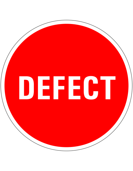 Defect sticker - 25 meter op rol, rood wit, rond, tekst defect op rode achtergrond