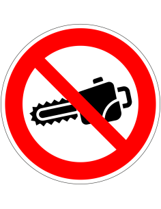 Kettingzagen verboden bord, rood wit, rond, symbool kettingzaag met rode streep