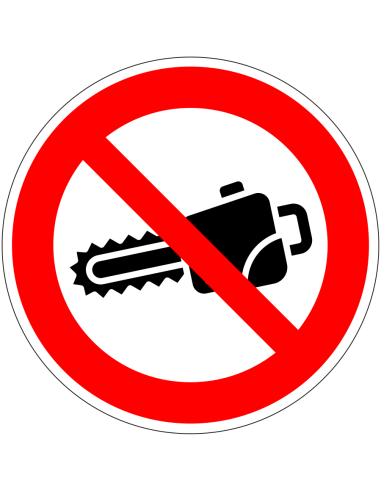 Kettingzagen verboden bord, rood wit, rond, symbool kettingzaag met rode streep