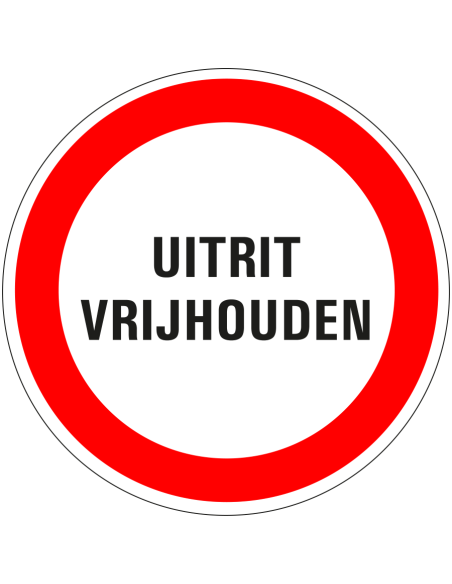 Uitrit vrijhouden sticker, rood wit, rond, tekst uitrit vrijhouden met rode rand