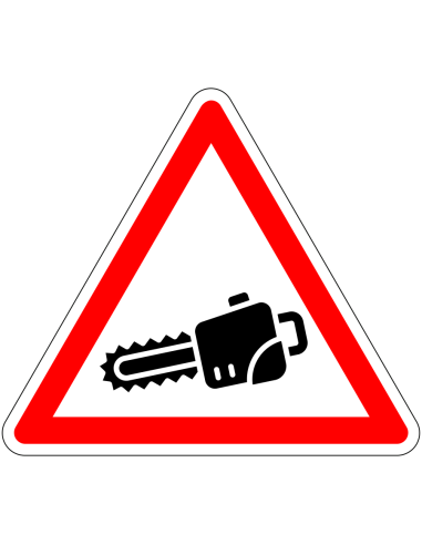 Pas op kettingzagen sticker, rood wit, driehoekig, symbool kettingzaag met rode rand