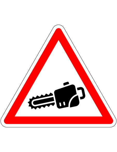 Pas op kettingzagen sticker, rood wit, driehoekig, symbool kettingzaag met rode rand