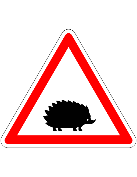 Pas op overstekende egels bord, rood wit, driehoekig, symbool egel in rode driehoek