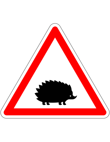 Pas op overstekende egels sticker, rood wit, driehoekig, symbool egel in rode driehoek