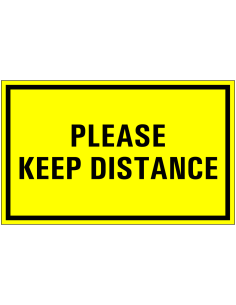 Please keep distance bord, geel zwart, rechthoekig, tekst please keep distance op gele achtergrond