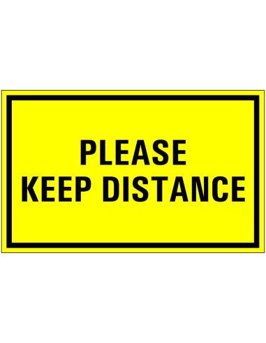 Please keep distance bord, geel zwart, rechthoekig, tekst please keep distance op gele achtergrond