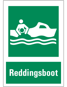 Reddingsboot bord met tekst