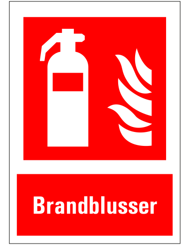Brandblusser sticker met tekst, rood wit, rechthoekig, brandblusser met vlam symbool, tekst brandblusser