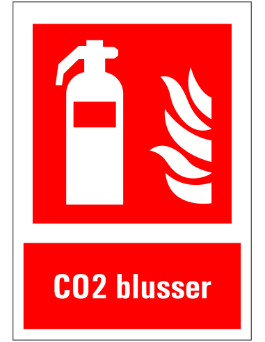 CO2 blusser sticker met tekst, rood wit, rechthoekig, CO2 blusser met vlam symbool, tekst CO2 blusser