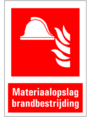 Materiaalopslag brandbestrijding sticker met tekst, rood wit, rechthoekig, materiaalopslag brandbestrijding met vlam symbool