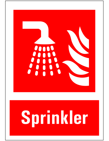 Sprinkler sticker met tekst, rood wit, rechthoekig, sprinkler met vlam symbool