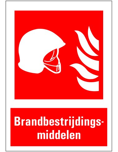 Brandbestrijdingsmiddelen sticker met tekst, rood wit, rechthoekig, brandbestrijdingsmiddelen met vlam symbool