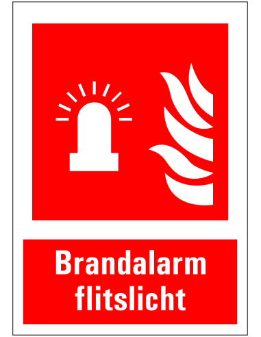 Brandalarm flitslicht sticker met tekst, rood wit, rechthoekig, brandalarm flitslicht met vlam symbool