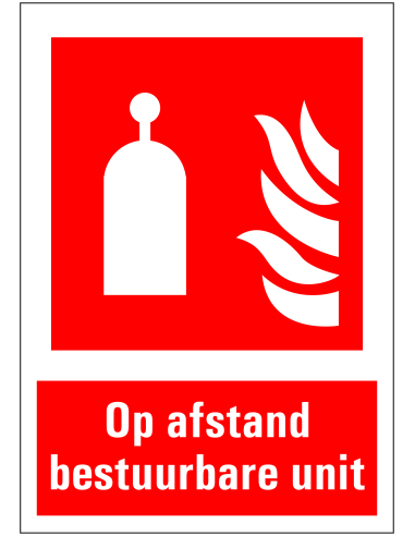 Op afstand bestuurbare unit sticker met tekst, rood wit, rechthoekig, op afstand bestuurbare unit met vlam symbool