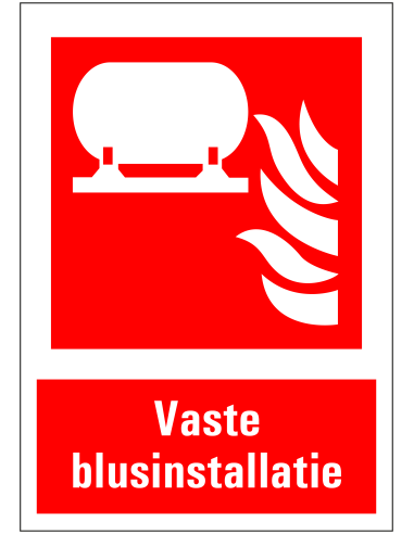 Vaste blusinstallatie sticker met tekst, rood wit, rechthoekig, vaste blusinstallatie met vlam symbool