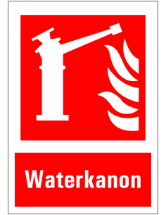 Waterkanon sticker met tekst, rood wit, rechthoekig, waterkanon met vlam symbool