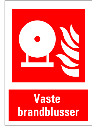 Vaste brandblusser bord met tekst, rood wit, rechthoekig, kunststof, vaste brandblusser met vlam symbool