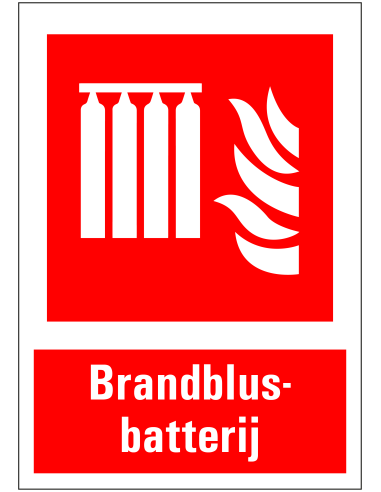 Brandblusbatterij bord met tekst, rood wit, rechthoekig, kunststof, brandblusbatterij met vlam symbool